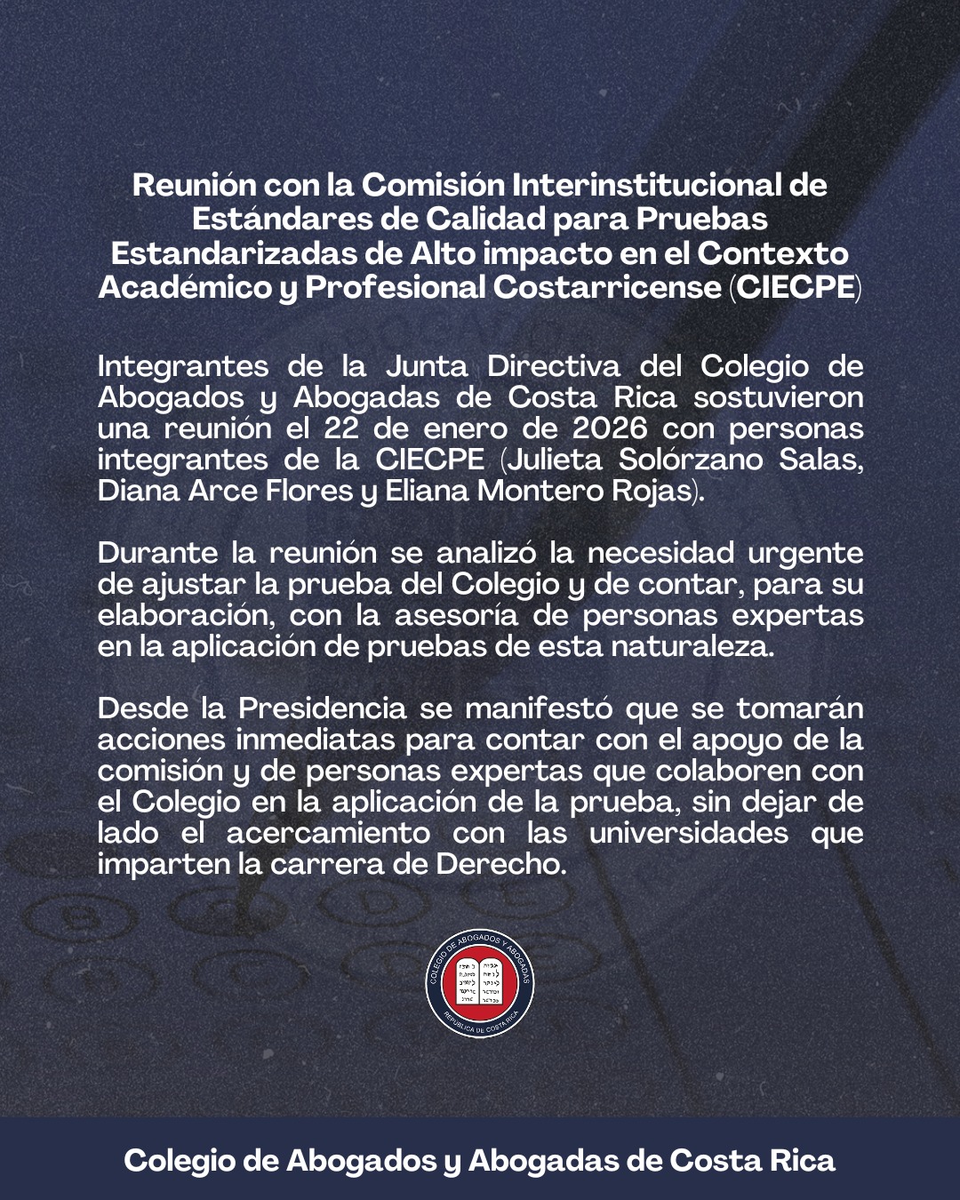 Compromiso para mejorar prueba de admisión en el Colegio de Abogados de Costa Rica